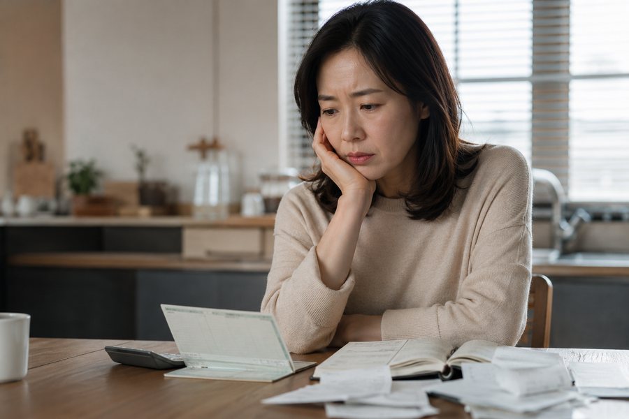 통장과 영수증을 보며 고민하는 여성